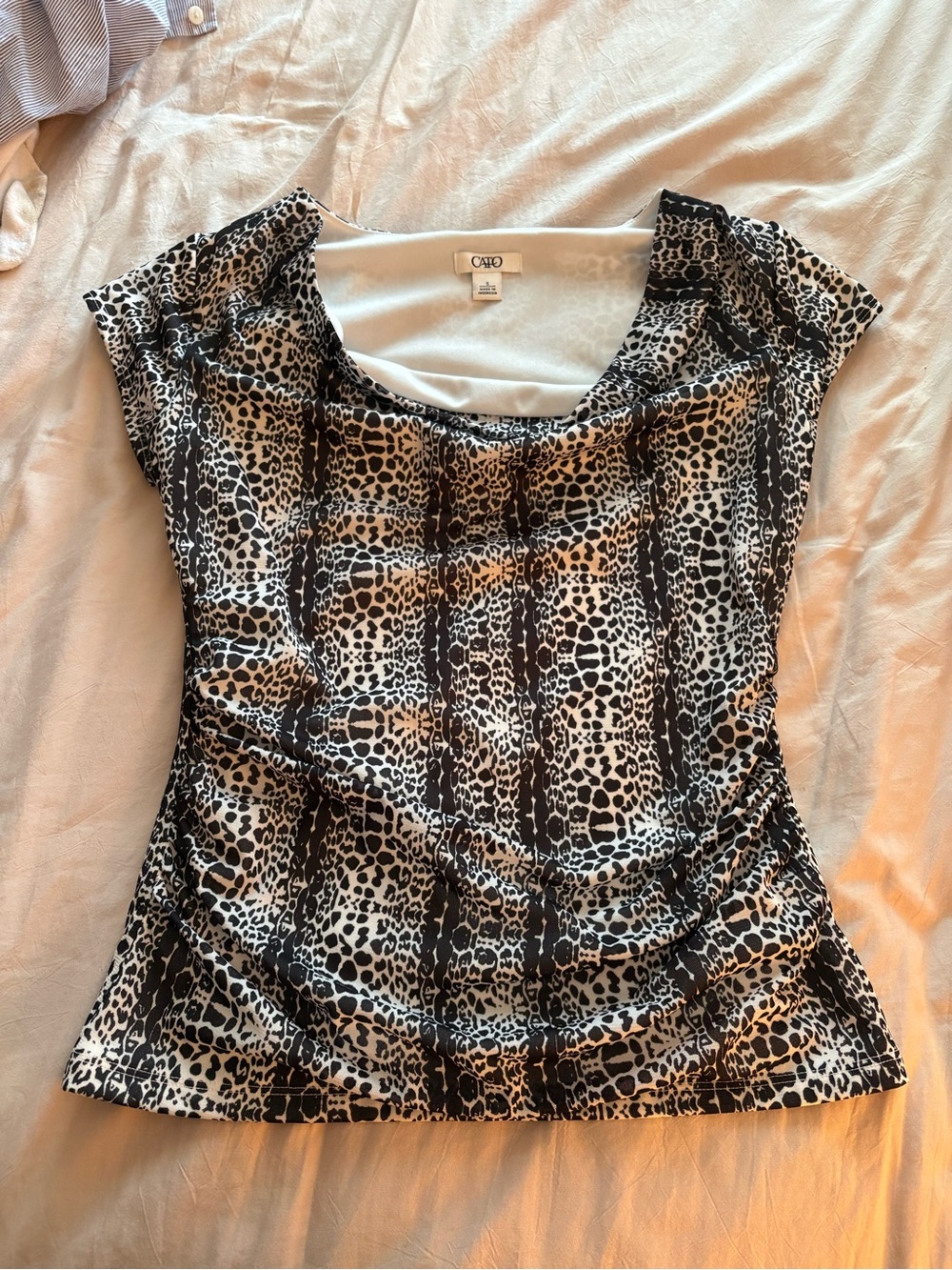 Cato Black and White Animal Print Cowl Neck Cap Sleeve Blouse